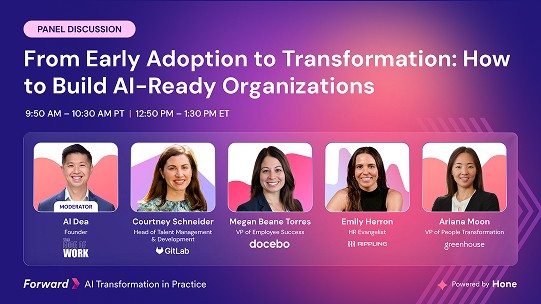 Keynote session card for 'From Early Adoption to Transformation: How to Build AI-Ready Organizations' at Forward, presented by Al Dea, Courtney Schneider, Megan Beane Torres, Emily Herron and Ariana Moon